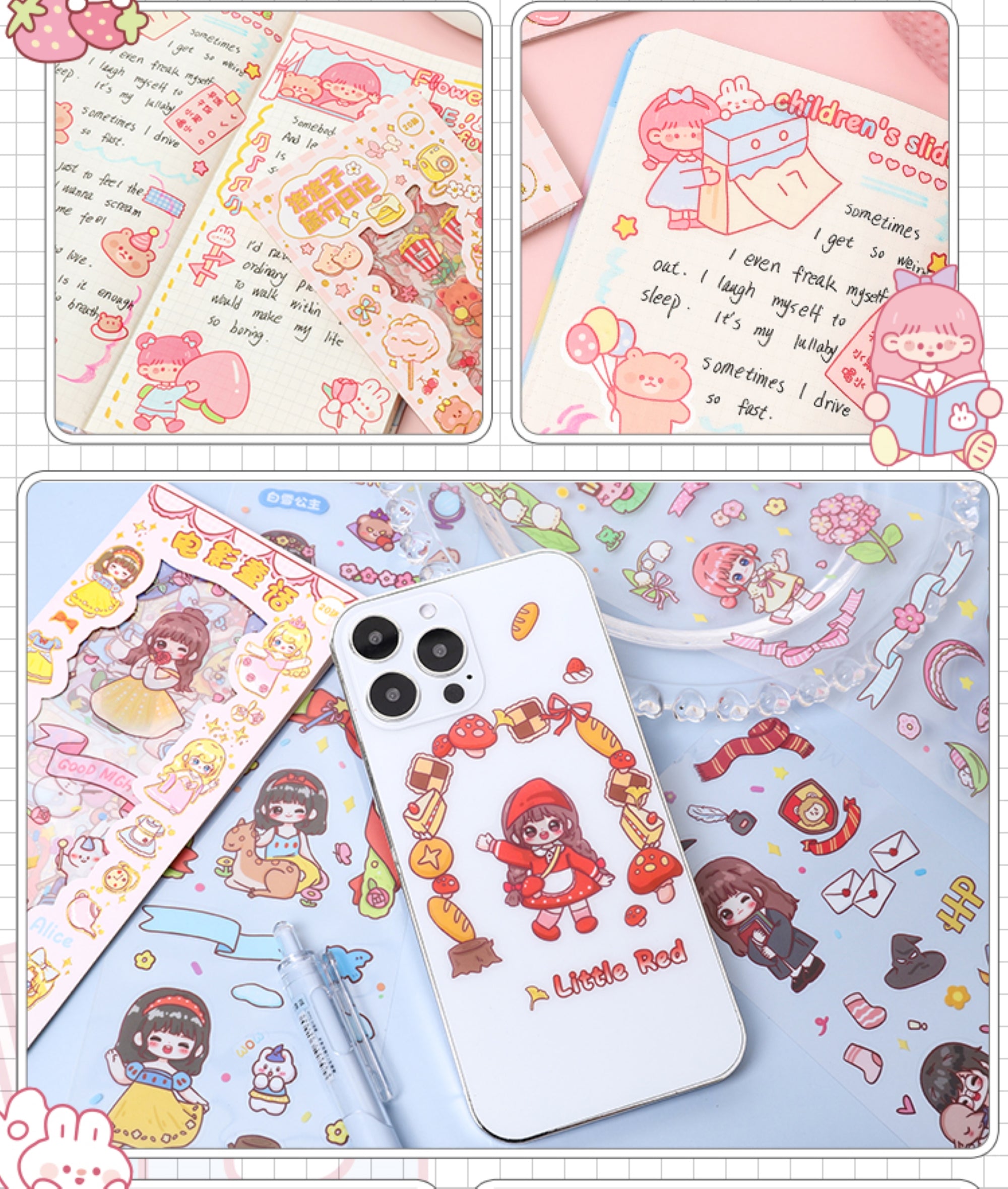Cute Cartoon Theme Kawaii Stickers - 20 PET Sheets Cute Washi Stickers for Project, Japanese Style Girls Sticker Set for Kids (Size of Each Sheet - 40 X 8 CM)