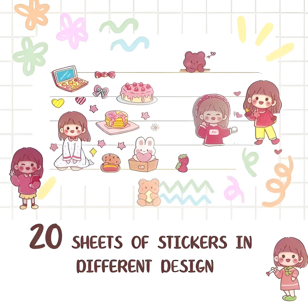 Cute Cartoon Theme Kawaii Stickers - 20 PET Sheets Cute Washi Stickers for Project, Japanese Style Girls Sticker Set for Kids (Size of Each Sheet - 40 X 8 CM)