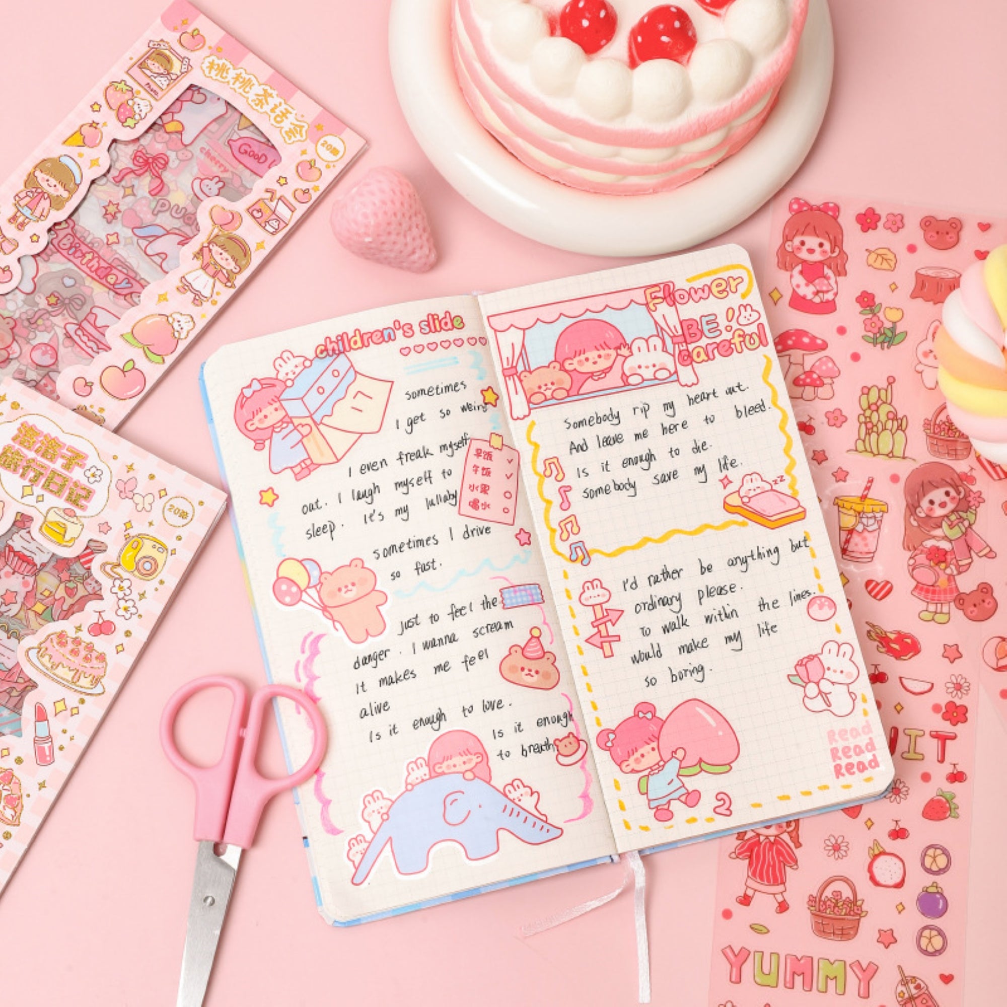 Cute Cartoon Theme Kawaii Stickers - 20 PET Sheets Cute Washi Stickers for Project, Japanese Style Girls Sticker Set for Kids (Size of Each Sheet - 40 X 8 CM)