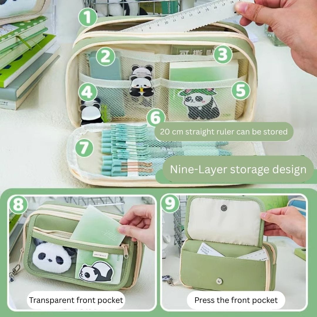 9-Layer Storage Pen Bag | Large Pencil Pouch with Mesh & Transparent Pockets