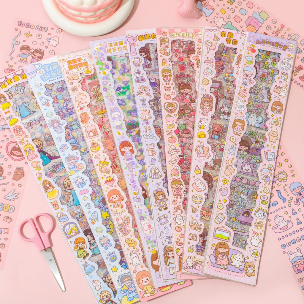 Cute Cartoon Theme Kawaii Stickers - 20 PET Sheets Cute Washi Stickers for Project, Japanese Style Girls Sticker Set for Kids (Size of Each Sheet - 40 X 8 CM)