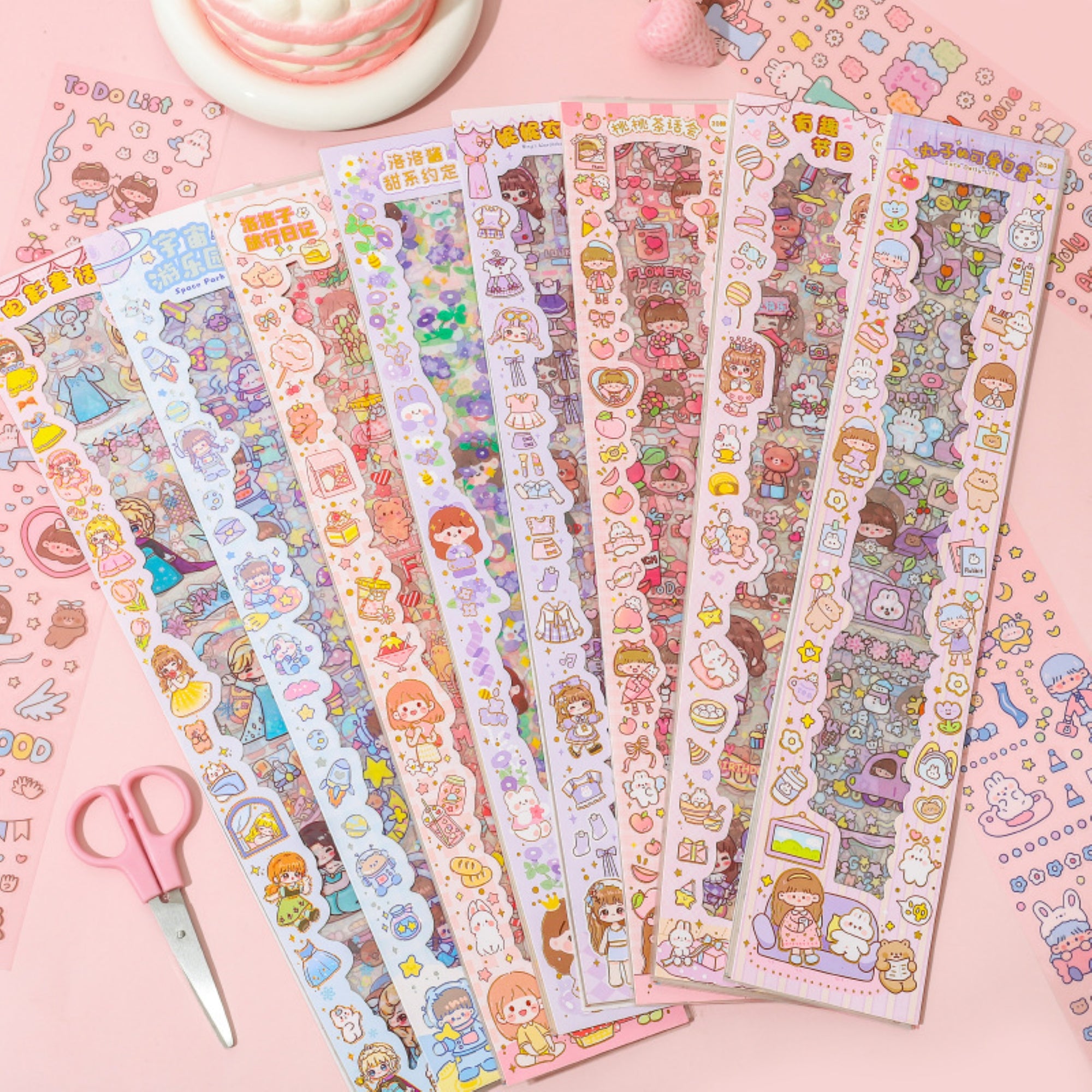 Cute Cartoon Theme Kawaii Stickers - 20 PET Sheets Cute Washi Stickers for Project, Japanese Style Girls Sticker Set for Kids (Size of Each Sheet - 40 X 8 CM)