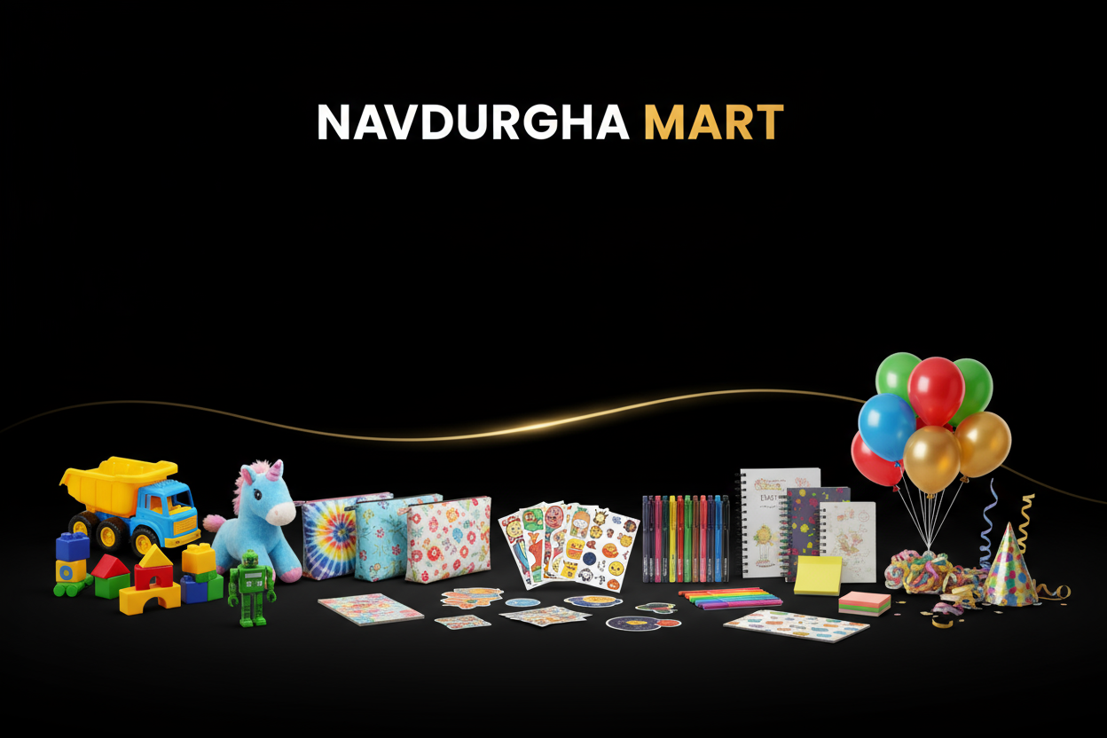 generate an banner of a navdurgha mart in this we sell products like toys puuches stickers stationary party supplies with black background