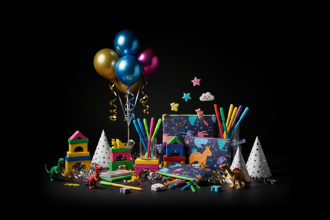 generate an diferent style image unique image of products toys stationary school pouches pens eraser toys and party supplies with black professional background